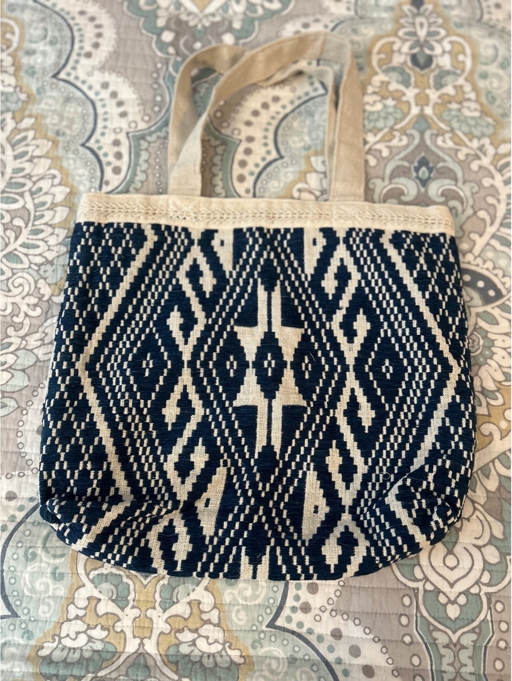 JADEtribe Blue and Beige Woven Tote Bag with Geometric Pattern